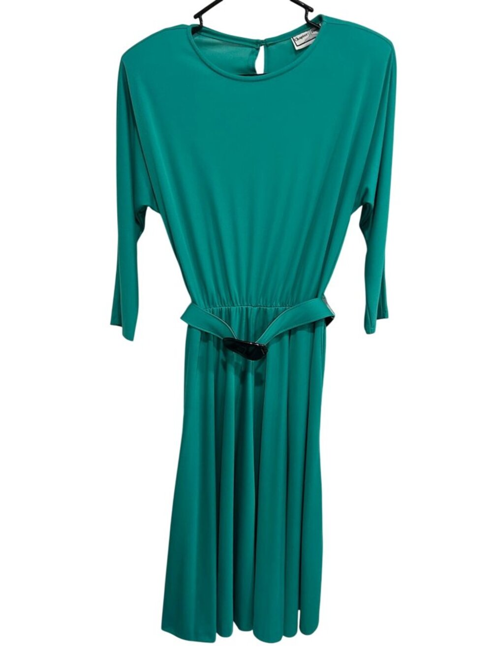 Chapter Two 10 Teal Midi Dress Belted Waist 3/4 Sleeves Vintage Classic Feminine